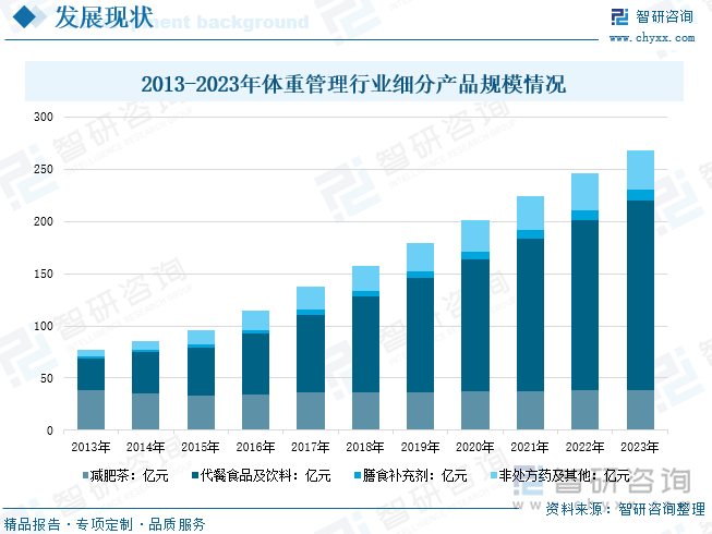 2013-2023年体重管理行业细分产品规模情况