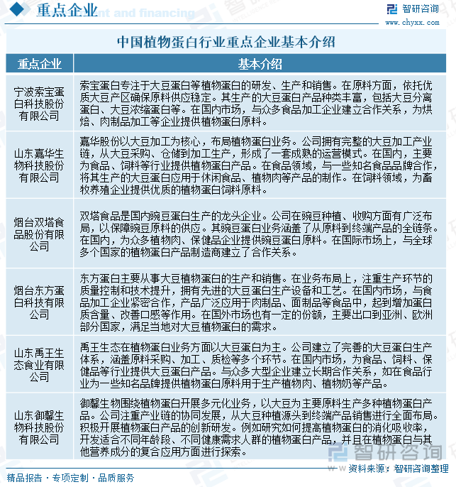 中国植物蛋白行业重点企业基本介绍