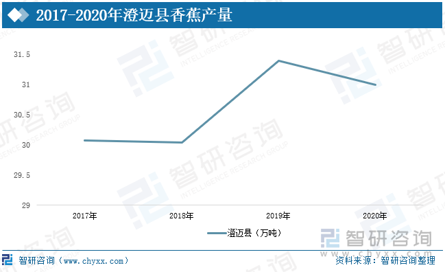 澄迈县位于海南省西北部，全县土壤以砖红壤为主，肥沃，光、热、水充足，适宜种植多种热作物，热作物资源丰富。该县毗邻省会海口，交通便利，区位优势明显，有利于热带果蔬的及时运输。澄迈县拥有着海南最大的香蕉种植面积和产量，2020年澄迈县的产量为30.99万吨，目前澄迈县的香蕉种植品种相对单一，主要种植巴西香蕉。