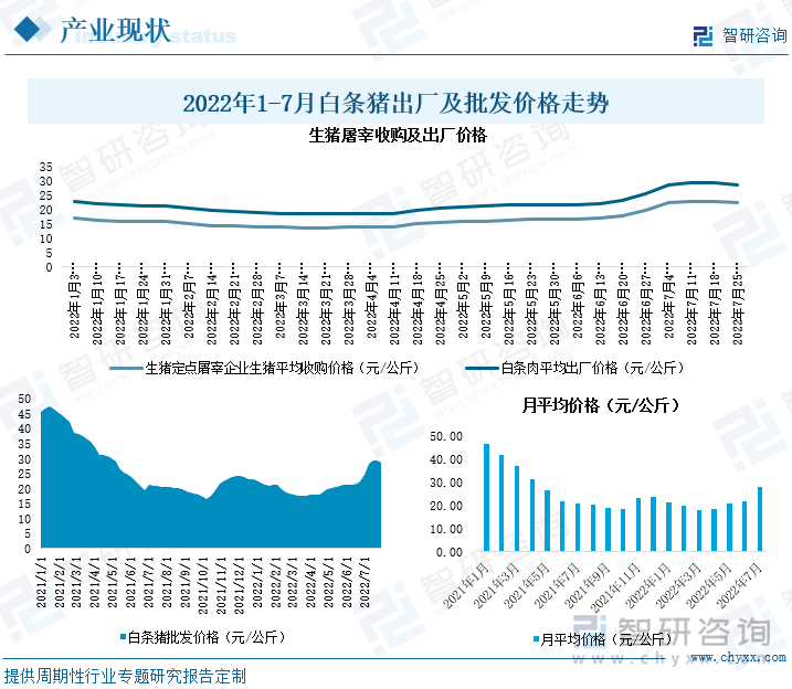 生猪供需市场两旺，2022年1-7月，生猪定点屠宰企业生猪平均收购价格及出厂价格呈上升态势。生猪定点屠宰平均收购价格从1月初的17.15元/公斤上涨至7月底的22.19元/公斤，平均增加了5.04元/公斤，环比增长29.39%；出厂价格随之从22.85元/公斤上涨至7月底的29.06元/公斤，环比增长25.08%。猪肉批发市场，伴随着消费需求的改善，批发价格将震荡上行。2022年1-7月，白条猪肉批发价格呈现先降后升态势。2022年1-7月，白条猪月平均市场批发价格同比增速分别为-53.83%、-53.12%、-52.17%、-41.39%、-21.75%、-0.09%和34.37%，受前期生猪产能去化效应逐步显现、部分养殖户压栏惜售和消费需求恢复等因素影响，白条猪月平均市场批发价格同比增速由负转正，增幅逐步扩大。2022年7月白条猪肉月平均批发价格上涨至28.09元/公斤，环比扩大25.79个百分点。分阶段看，2022年1-3月，生猪出栏量上升、猪肉产量增加、市场供给充足、企业竞争激烈，白条猪肉批发价格总体呈现下降态势，2022年3月18日，白条猪批发价格下降至17.5元/公斤。2022年4-7月，随着疫情得到有效控制，伴随着消费需求的改善，白条猪肉批发价格呈恢复性增长。2022年7月，受生猪去产能及消费需求回升等因素影响，白条猪肉批发价格为28.59元/公斤，环比增长27.69%。