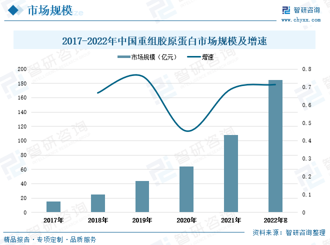 比起动物源胶原蛋白，“合成生物学技术”生产的重组胶原蛋白克服了传统动物胶原蛋白可能存在的病毒隐患、排异反应风险、功能性、吸收性不确定等多重弊端，具有良好的生物相容性和安全性以及很低的抗原性，因而可以广泛应用于生物医学领域，包括医用敷料、人工骨支架、注射填充物、人工血管等等。随着重组技术不断取得创新突破，重组胶原蛋白应用范围更加广泛，同时众多下游领域迅速发展扩大对重组胶原蛋白产品的市场需求，共同推动了我国重组胶原蛋白市场规模的迅猛扩张。据统计，2021年全国重组胶原蛋白市场规模达到108亿元，相较2017年增长了93亿元的市场规模。同时近年来国内重组胶原蛋白市场规模扩张迅速，2021年增速达到68.8%，相较上年提速了23个百分点。预计2022年全国重组胶原蛋白市场规模将达到185亿元。