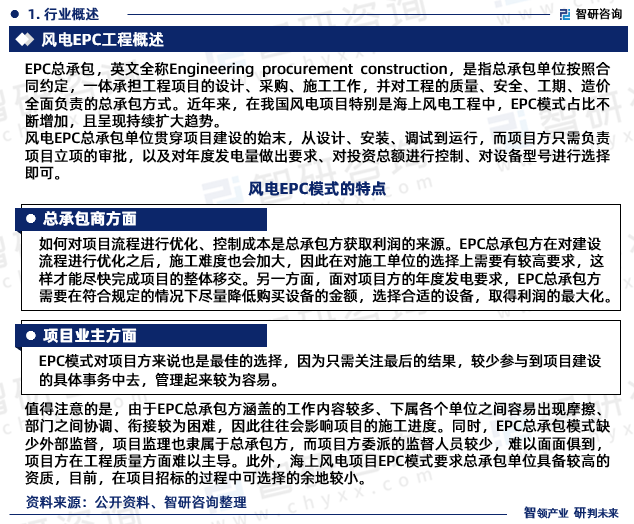 值得注意的是，由于EPC总承包方涵盖的工作内容较多、下属各个单位之间容易出现摩擦、部门之间协调、衔接较为困难，因此往往会影响项目的施工进度。同时，EPC总承包模式缺少外部监督，项目监理也隶属于总承包方，而项目方委派的监督人员较少，难以面面俱到，项目方在工程质量方面难以主导。此外，海上风电项目EPC模式要求总承包单位具备较高的资质，目前，在项目招标的过程中可选择的余地较小。