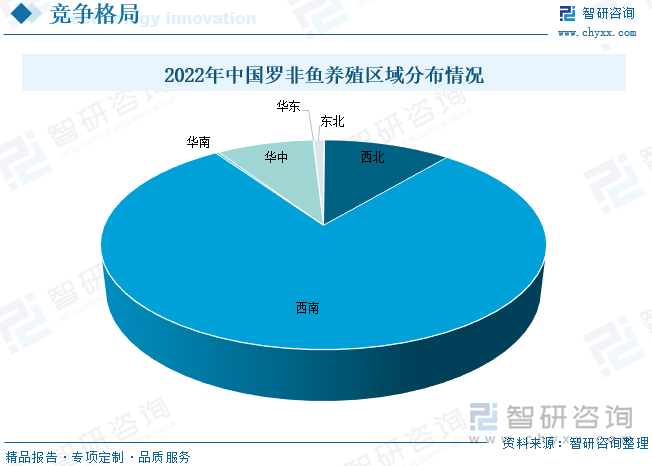 目前，国内罗非鱼养殖和加工企业主要分布在广东、福建、海南、广西等省市，罗非鱼养殖和加工企业数量众多，规模较大的企业数量很少，行业有影响力品牌不多，行业处于市场竞争分散状态，企业之间竞争激烈。根据数据显示，2022年国内西南地区罗非鱼养殖产量占比达到79.3%，其次为西北及华中地区。