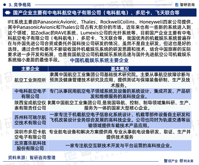 IFE系统主要由PanasonicAvionic、Thales、RockwellCollins、Honeywell四家公司提供，其中PanasonicAvionic和Thales公司占有大部分的市场。近年来也有一些新的系统进入到这个领域，如Zodiac的RAVE系统，Lumexis公司的光纤系统等，目前国产企业主要有中电科航空电子有限公司（电科航电）、多尼卡、飞天联合等，我国优秀的机载娱乐系统普遍存在与外国先进公司合资或委托外国科技公司研发的情况，虽然不是自主研发，但这也是好的选择。通过合作和委托不断吸收国外机载娱乐系统的研发思路和技术，结合中国旅客的实际要求进一步开发和拓展，也是我国航空公司机载娱乐系统迅速与国外先进航空公司机载娱乐系统缩小差距的最佳手段。