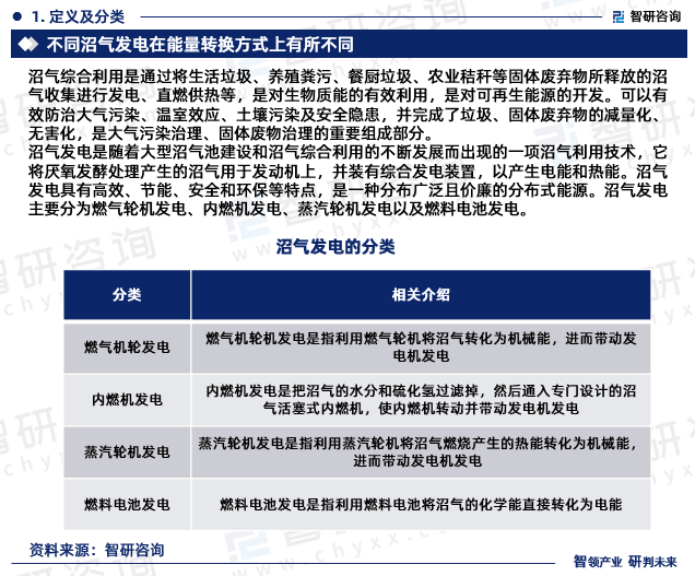 沼气发电是随着大型沼气池建设和沼气综合利用的不断发展而出现的一项沼气利用技术，它将厌氧发酵处理产生的沼气用于发动机上，并装有综合发电装置，以产生电能和热能。沼气发电具有高效、节能、安全和环保等特点，是一种分布广泛且价廉的分布式能源。沼气发电主要分为燃气轮机发电、内燃机发电、蒸汽轮机发电以及燃料电池发电。