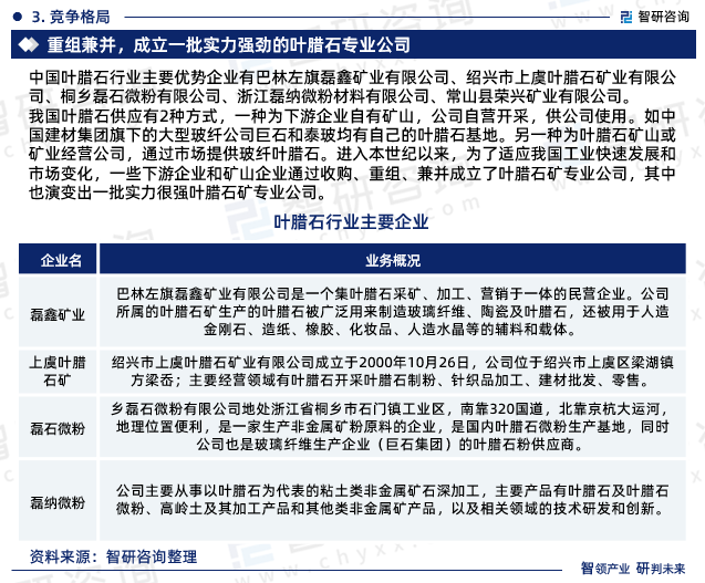 中国叶腊石行业主要优势企业有巴林左旗磊鑫矿业有限公司、绍兴市上虞叶腊石矿业有限公司、桐乡磊石微粉有限公司、浙江磊纳微粉材料有限公司、常山县荣兴矿业有限公司。我国叶腊石供应有2种方式，一种为下游企业自有矿山，公司自营开采，供公司使用。如中国建材集团旗下的大型玻纤公司巨石和泰玻均有自己的叶腊石基地。另一种为叶腊石矿山或矿业经营公司，通过市场提供玻纤叶腊石。进入本世纪以来，为了适应我国工业快速发展和市场变化，一些下游企业和矿山企业通过收购、重组、兼并成立了叶腊石矿专业公司，其中也演变出一批实力很强叶腊石矿专业公司。