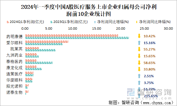 2024年一季度中国A股医疗服务上市企业归属母公司净利润前10企业统计图