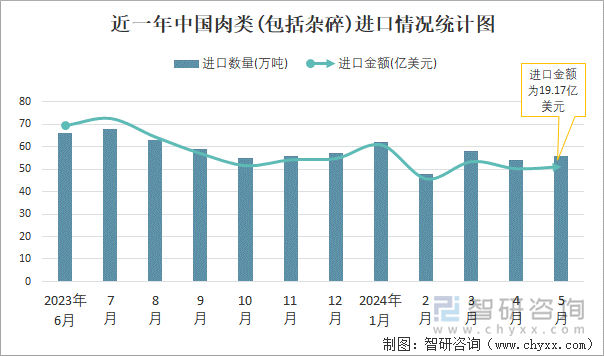 近一年中国肉类(包括杂碎)进口情况统计图