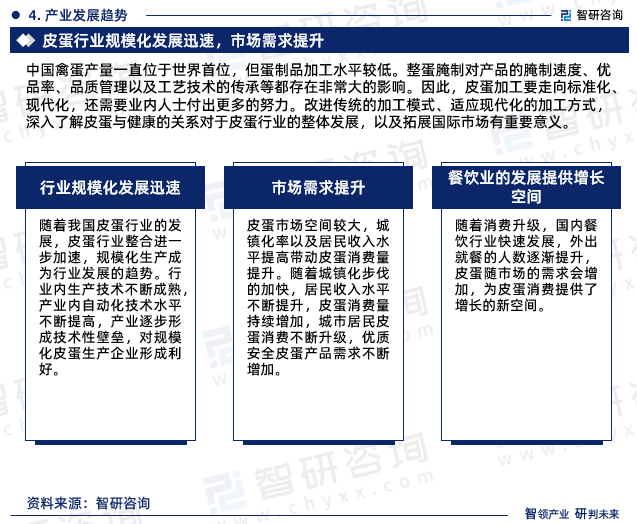 皮蛋加工要走向标准化、现代化，还需要业内人士付出更多的努力。改进传统的加工模式、适应现代化的加工方式，深入了解皮蛋与健康的关系对于皮蛋行业的整体发展，以及拓展国际市场有重要意义。