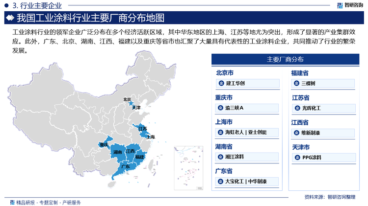 工业涂料行业的领军企业广泛分布在多个经济活跃区域，其中华东地区的上海、江苏等地尤为突出，形成了显著的产业集群效应。此外，广东、北京、湖南、江西、福建以及重庆等省市也汇聚了大量具有代表性的工业涂料企业，共同推动了行业的繁荣发展。