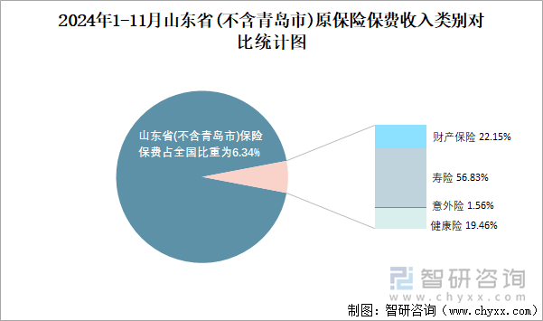 2024年1-11月山东省(不含青岛市)原保险保费收入类别对比统计图